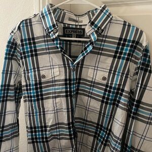 Express Men's White and Blue Plaid Button Down Fitted Long Sleeve Shirt
